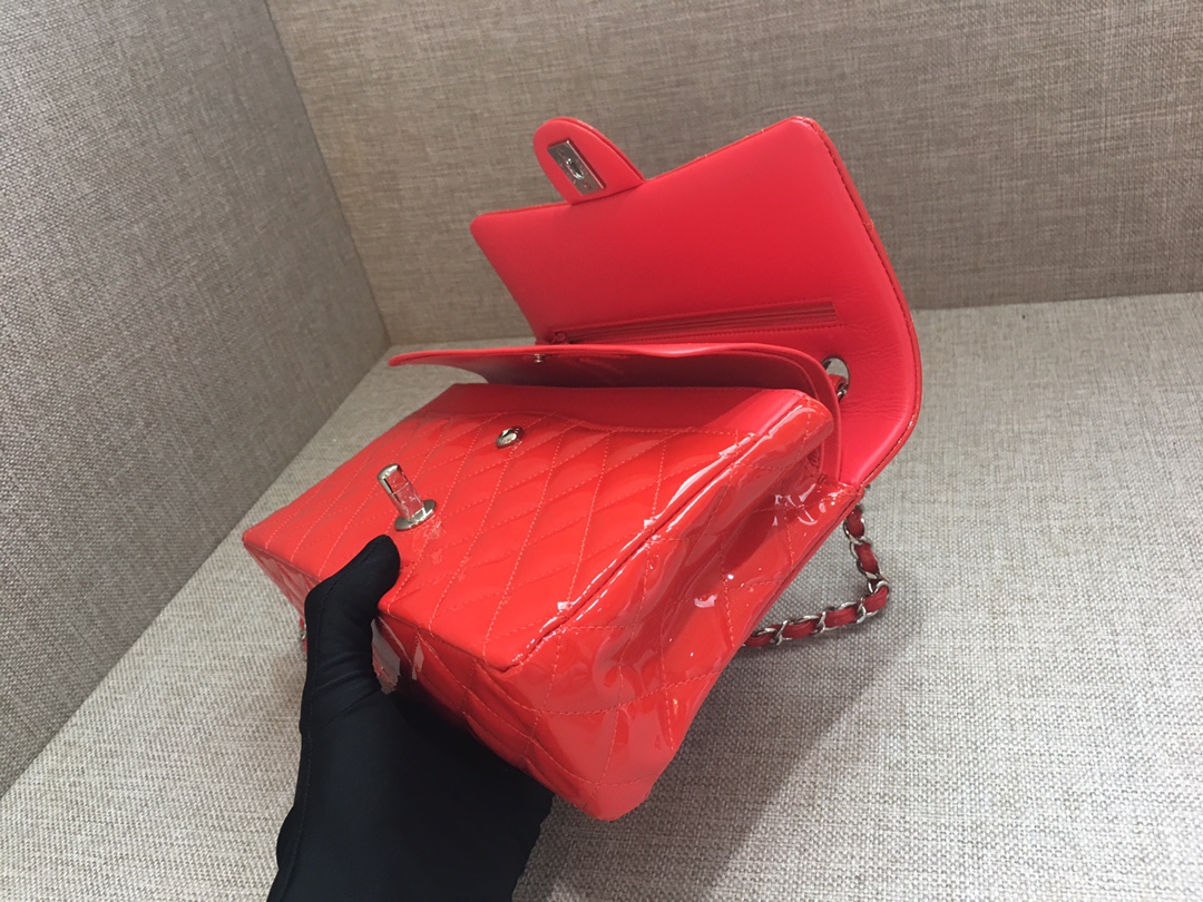 Medium Classic Flap Patent Leather Bag AO1112 Rose Red/Silver